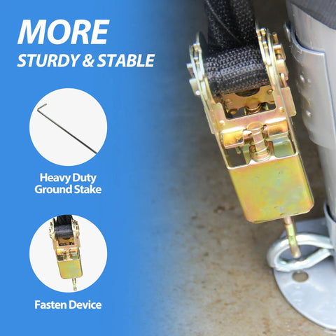 Close-up of fasten device and heavy duty ground stake for Tough As Nails 10 By 10 Outdoor Portable Storage Shed with Steel Frame.