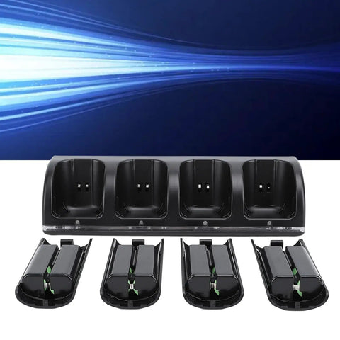 Four In One Remote Controller Charging Station With Four 2800mAh Rechargeable Batteries USB Cable For Gaming Remotes Controllers Not Included Black on blue background