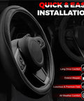 Premium Microfiber Leather Steering Wheel Cover With Non Slip Grip Reinforced Stitching Universal Fit For 14.5 To 15 Inch Cars Black Exterior close-up showing design and texture details.