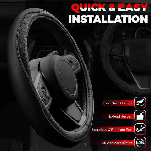 Premium Microfiber Leather Steering Wheel Cover With Non Slip Grip Reinforced Stitching Universal Fit For 14.5 To 15 Inch Cars Black Exterior close-up showing design and texture details.