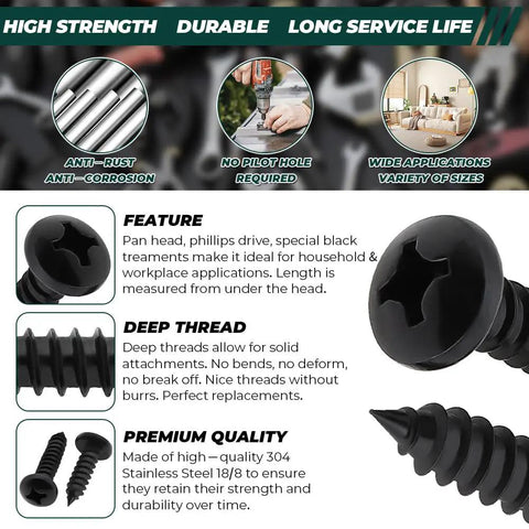 Fifty Pack Number Twelve Size Three Quarter Inch Black Coated 304 Stainless Steel Phillips Pan Head Sheet Metal Screws Self Tapping With Magnetic Bit Heavy Duty Badass Build For Knockout Grip features and specifications on display.