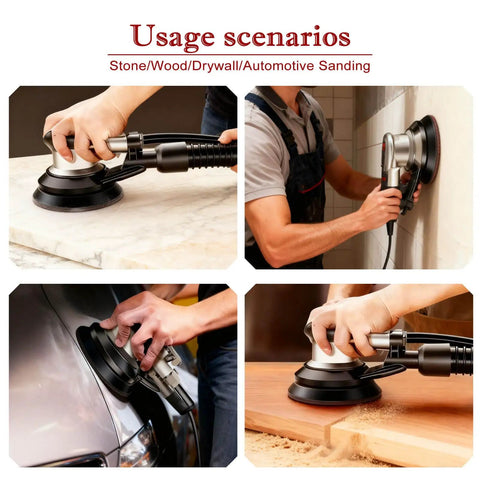 Various uses of 60 Piece 5 Inch Sanding Discs Kit with Hook And Loop Backing for wood, drywall, automotive, and stone polishing.