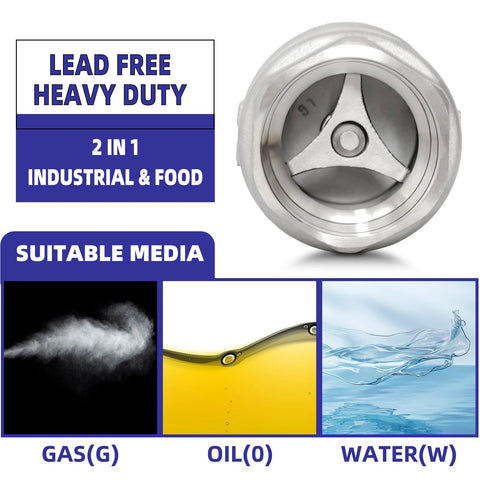 Front view of 1" NPT stainless steel spring check valve, inline vertical; lead-free, heavy-duty.