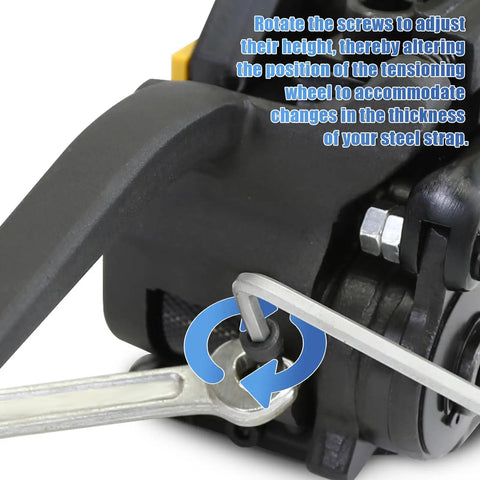Heavy Duty Manual Steel Strapping Tool Adjustable Hand Tensioner Crimper And Cutter For 3/4 Inch Steel Banding Machine close-up of tensioning wheel adjustment.
