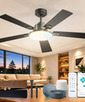 Top Shelf 52 Inch Smart Ceiling Fan With Killer Led Lighting And Handy Remote Control Downrod Mount Matte Black Finish for living rooms.