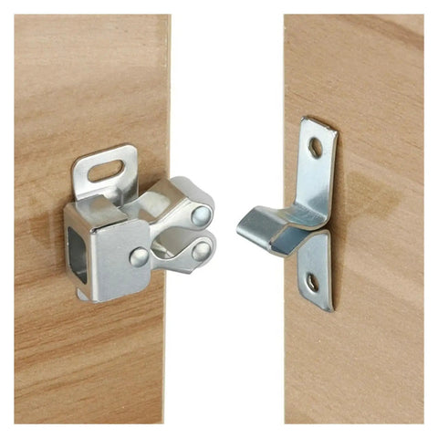 Grab 14 PCS Cabinet Latches For Kitchen Wardrobes! Automatic Spring Catch showing metal latch mechanism installed on wood.