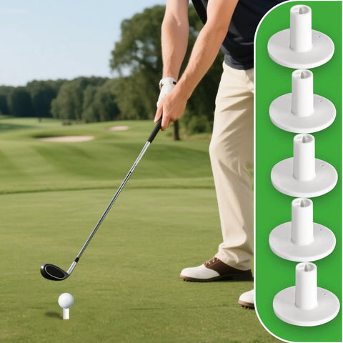 Golfer using Pro Grade Adjustable Rubber Golf Tees For Mats And Indoor Outdoor Practice with 5 Pack display on grass