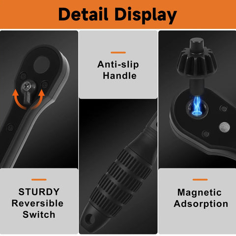 Universal 3 In One Ratchet Drill Chuck Key Wrench With Magnetic Quick Change Heads, showing anti-slip handle and magnetic adsorption.