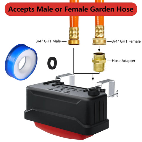 Premium Water Trough Float Valve With Automatic Water Level Control For Stock Tanks Poultry Coops And Livestock Waterers with hose connections and adapter.
