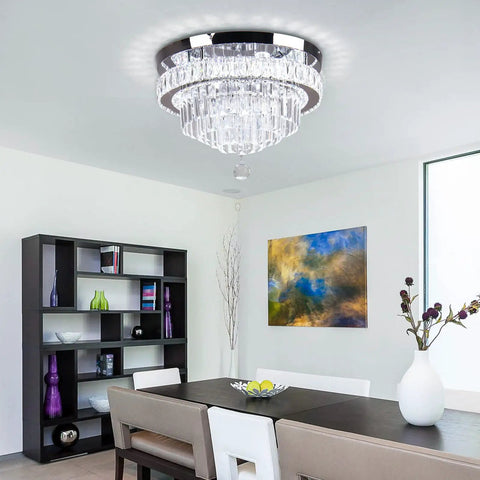 16 Inch Sleek Modern Crystal Chandelier Chrome Flush Mount Ceiling Light Fixture With Five Tiers Led in dining room