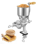 Manual Grain Mill With High Hopper, Hand Crank Corn Grinder, Heavy Duty Cast Iron Wheat Grinder on table with grains, off grid kitchen tool