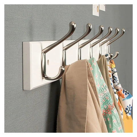 Wall Mount Wooden Coat Hooks And Rails With Zinc Alloy Entryway Organizer with coats and bags hanging on sturdy hooks.
