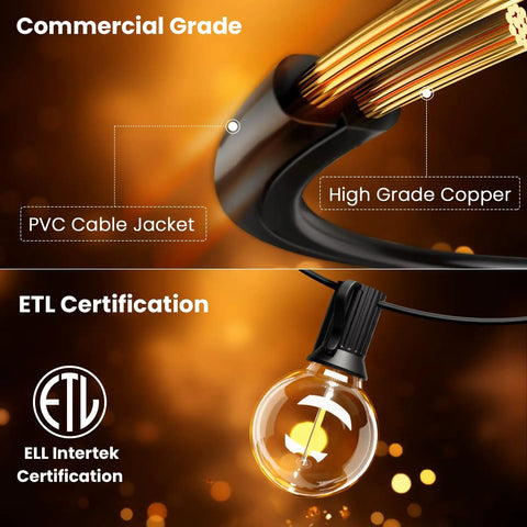 Remote Controlled 50 Ft G40 Globe LED Outdoor String Lights With 25 Plus 1 Shatterproof Bulbs IP45 Weatherproof showing copper wire and bulb