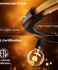 Remote Controlled Outdoor String Lights 150 Feet With 75 Shatterproof LEDs showing PVC cable and ETL certification