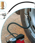 Badass 8 Inch Tire Inflator Hose Adapter Nylon Braided Extension Hose Locking Chuck Connector Quick Connect Pump Zero Leak Super Smooth Flow For All Cars Trucks Keeps Pressure Stable Your Road Trips, shown connected to truck tire