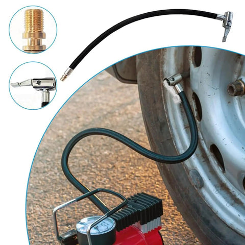 Badass 8 Inch Tire Inflator Hose Adapter Nylon Braided Extension Hose Locking Chuck Connector Quick Connect Pump Zero Leak Super Smooth Flow For All Cars Trucks Keeps Pressure Stable Your Road Trips, shown connected to truck tire