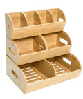 Three Tier Stackable Bamboo Veggie And Fruit Storage Bins, Ventilated Pantry Organizer with slide out design for onion, potato, and produce.