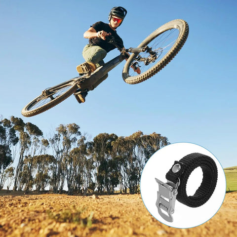 Cyclist jumping with bike, showcasing 2 Pcs Bike Pedal Straps with Toe Clips, Universal Replacement Foot Pedal Straps in foreground