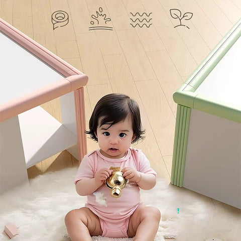 Baby near furniture with Edge Corner Protector Self Adhesive Foam Bumper Guard for furniture visible, pink and green colors