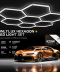 Hexagon Garage LED Lights 30 Pack Ultra Bright 420W 63,000 Lumen 5000K Daylight for workshop with car and ceiling view