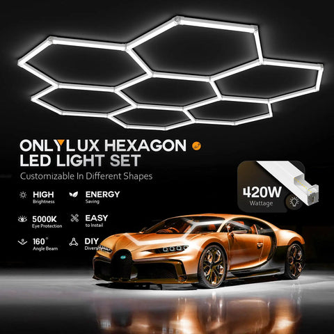 Hexagon Garage LED Lights 30 Pack Ultra Bright 420W 63,000 Lumen 5000K Daylight for workshop with car and ceiling view