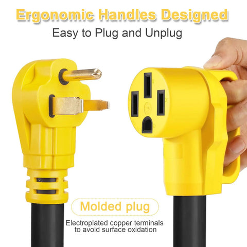 NEMA 6-50P to 14-50R EV Charger Adapter Cord For Tesla And Other EVs showing ergonomic handles and copper terminals