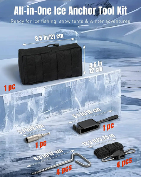All In One Ice Anchor Tool Kit With 10 Pieces Including 4 Ice Screw Anchors, 4 Tent Guylines, 1 Drill Adapter, 1 Drill Attachment