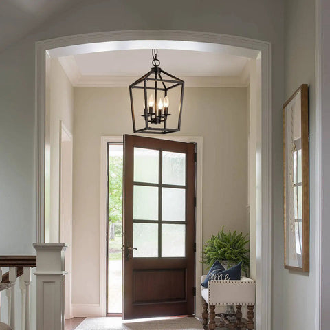 Four Light Black Farmhouse Pendant Lantern Cage Hanging Light Fixture Industrial Rustic Geometric Kitchen Island Lighting For Dining Room Hallway Foyer Entryway in entryway.