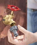 Person attaching Premium Metal Quick Connect Hose Fittings Set For Five Eighths Or Half Inch Hoses to outdoor faucet.