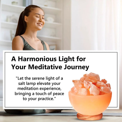 Natural Salt Lamp With Massage Bowl Design, Crystal Salt Chunks, Dimmer Cord, Classic Wood Base, in meditation setting