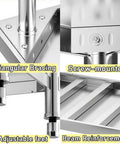 Detailed view of Heavy Duty Stainless Steel Workbench With Triple Tier Shelving And Secure Guardrails Reinforced Crossbeams Adjustable Feet.