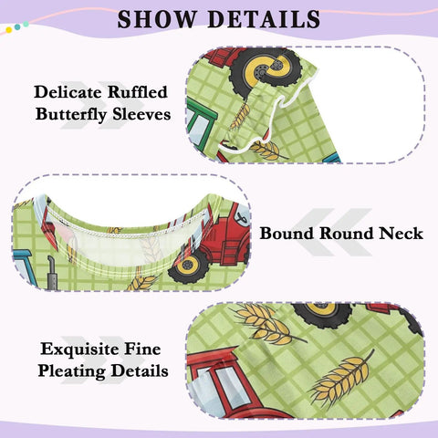 Ultra Soft Cotton Baby Girl Blouse With Ruffled Sleeves Featuring Farm Tractor Print On Green Background For Everyday, Holidays And School, Cozy Long Sleeve Top, Machine Washable, Easy Care 5T close-up detailing ruffled sleeves, neck
