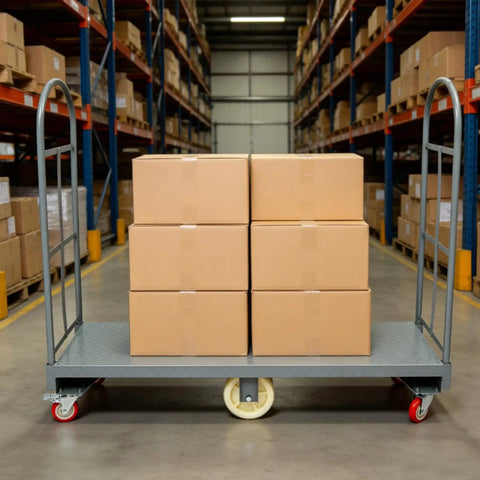 Heavy Duty 2000 Lb Platform Cart With Rails, 60.5 Inch Flatbed Workhorse For Warehouses And Garages, Rust Resistant Steel Frame, High Capacity Rolling Cart Built To Stand Up To The Daily Grind loaded with boxes in a warehouse