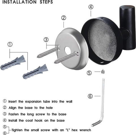 Installation steps for Four Pack Black Stainless Steel Towel Hooks Wall Mounted Heavy Duty Coat Robe Hanger including screws and anchors