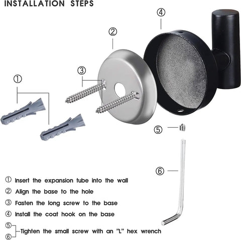 Installation steps for 2 Pack Matte Black Wall Mount Towel Hooks Set Heavy Duty Robe Coat Hooks Holder with mounting tools and screws.