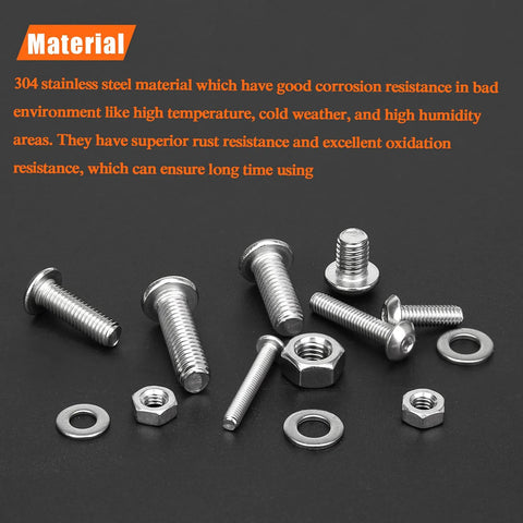 Assorted M3–M6 button head socket screws, nuts and flat washers kit, top-down view, 304 stainless steel