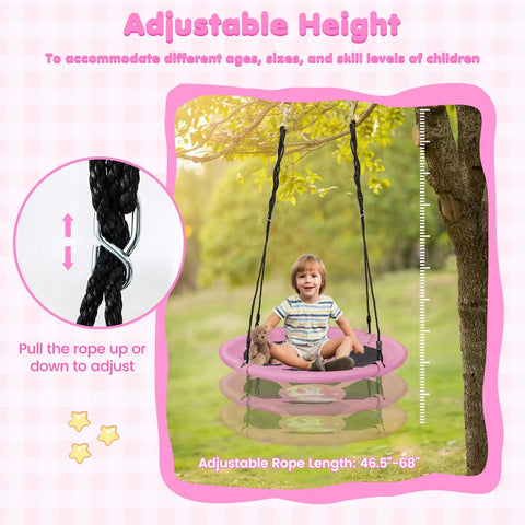 Child sitting on 40 Inch Pink Unicorn Saucer Swing for Kids With Adjustable Ropes and 2 Carabiners, outdoor setting, rope adjustment detail.