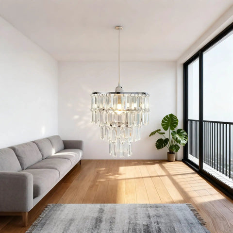 Plug In Modern Crystal Pendant Chandelier Light With Faux Crystal Drops, 10.25 W X 11.5 H, On Off Switch in modern living room