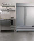 Top Shelf Heavy Hitter 49 Cu Ft Commercial Freezer And Fridge, upright stainless steel design in a kitchen setting.