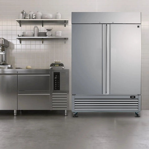 Top Shelf Heavy Hitter 49 Cu Ft Commercial Freezer And Fridge, upright stainless steel design in a kitchen setting.