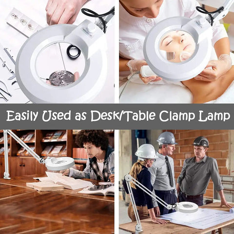 LED Floor Lamp With Magnifying Glass Light For Reading And Crafting in use as adjustable desk and table clamp for precision tasks.