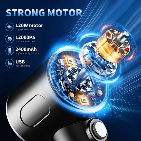Internal view of 3 In 1 Cordless Handheld Vacuum And Air Duster, showcasing strong motor and components, with 12000Pa power.