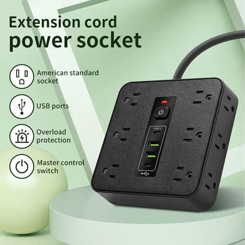 Game Changer Smart Power Strip Surge Protector With 12 AC Outlets 4 USB And 2 USB C Ports Extra Wide Spacing Auto Overload Cut Off Safety Reset Switch For Home Office Dorm Desktop Setup shown from the front with six USB ports.