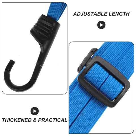 Close-up of Motorcycle Helmet And Cargo Securement Straps With Hooks Mesh Elastic Rope Strap, blue nylon and rubber hook.