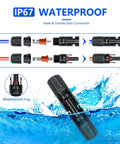 Diagram of Solar Panel Connector Kit with 60 pieces, male and female connectors, IP67 waterproof, with water splash effect.