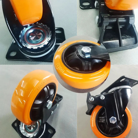 Heavy Duty 4 Inch Polyurethane Caster Wheels Set Of 4 Swivel Casters With Dual Lock Brakes close-up view of casters showing orange wheels and mounting hardware.