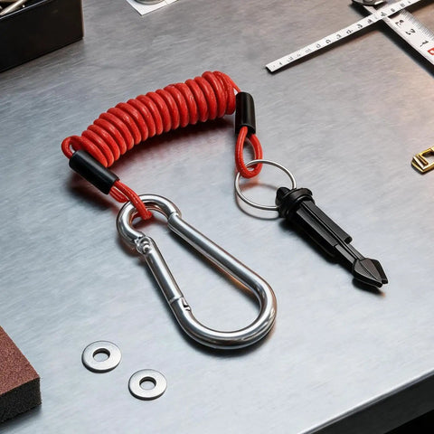 Stainless Steel RV Breakaway Cable With Transparent Jacket High Strength Lanyard For Trailers with carabiner on metal surface