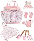 Eight Piece Kids Gardening Tool Set With Shovel Rake Watering Can Hat Apron Gloves And Storage Bag Pink Flower Theme Real Tools For Toddlers And Kids In A Fun Handcrafted Style