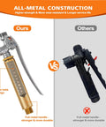 Comparison showing All Metal Sprayer Wand For One Half Inch Hose Quick Connectors With Brass Barb Fittings and plastic sprayer.