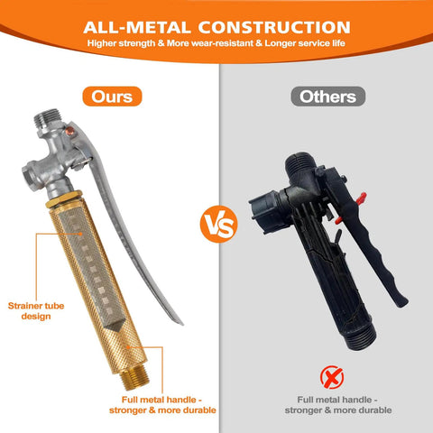 Comparison showing All Metal Sprayer Wand For One Half Inch Hose Quick Connectors With Brass Barb Fittings and plastic sprayer.